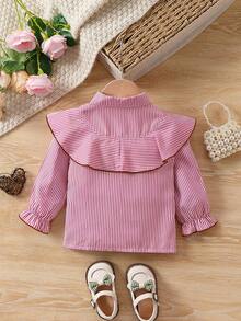 Baby Girls' Striped Collared Shirt With Ruffle Hem, Spring And Autumn - Pink - View 2
