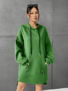 SHEIN EZwear 字母補丁細節袋鼠口袋落肩袖抽繩連帽洋裝 - 綠色 - 查看 6