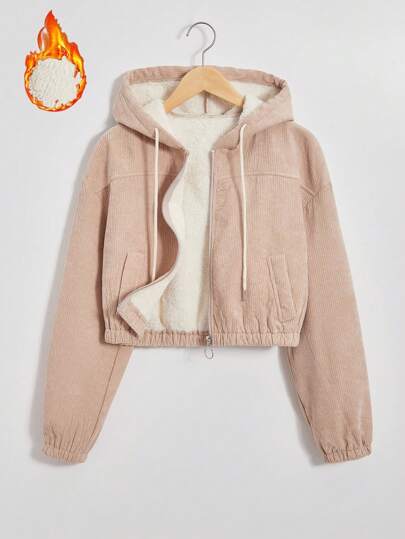 GlowEve Drop Shoulder Drawstring Hooded Thermal Lined Corduroy Jacket Fall Winter Cloth For Women