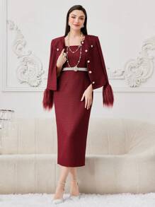 Modelyn Women's 2pcs/Set Dress With Wide Straps And Cuffs Coat - Red - View 3