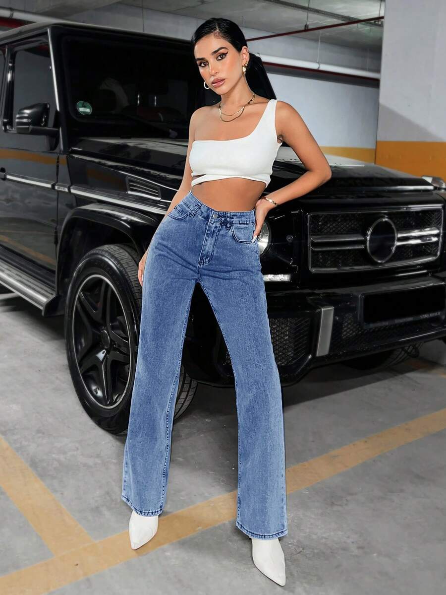 SHEIN Cottnline Pantalones Vaqueros De Pierna Recta Con Cintura Alta - Azul lavado medio - Ver 1