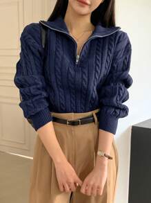 DAZY Women's Cable Knit Half-Zip Sweater - Navy Blue - View 6