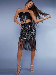 Hauture Fringe Hem Sequin Pattern Skirt