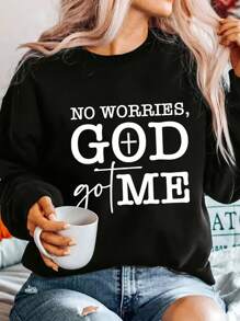 INAWLY Plus Slogan Graphic Drop Shoulder Sweatshirt, For Winter Pullover Fall Autumn - Black - View 1