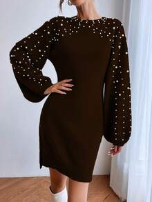 SHEIN LUNE Ngọc trai đính cườm Tay áo lồng đèn Đầm Áo len Không có thắt lưng - Cà phê nâu - Xem 4