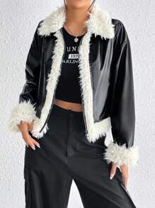 SHEIN EZwear Cazadora de peluche forro de hombros caídos - Blanco y Negro - Ver 3