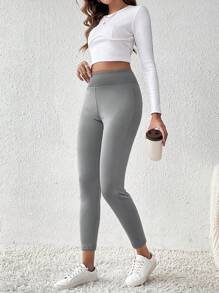 SHEIN Essnce 高腰保暖襯裡打底褲 - 深灰色 - 查看 5