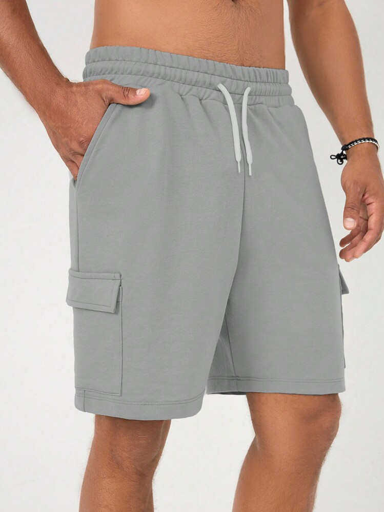 RueChic Men Flap Pocket Side Drawstring Waist Shorts - Grey - View 4