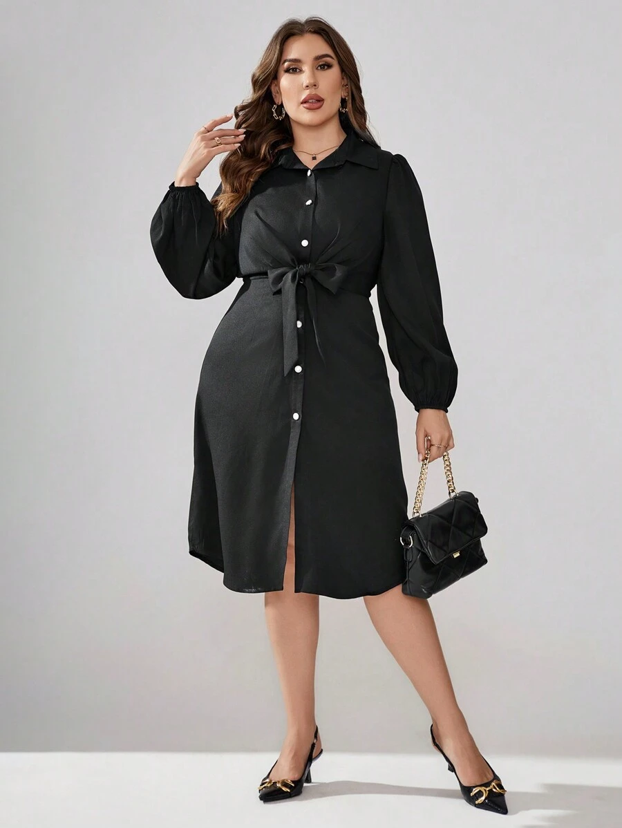 SHEIN Clasi 大尺碼女士腰帶襯衫連衣裙 - 黑色 - 查看 1