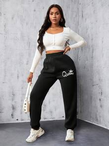 INAWLY Crown & Letter Graphic Elastic Waist Sweatpants - Black - View 3