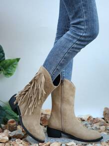 時尚復古流蘇女靴,2023秋冬新款,粗跟,側邊拉鍊,中小腿長度 - 卡其色 - 查看 5