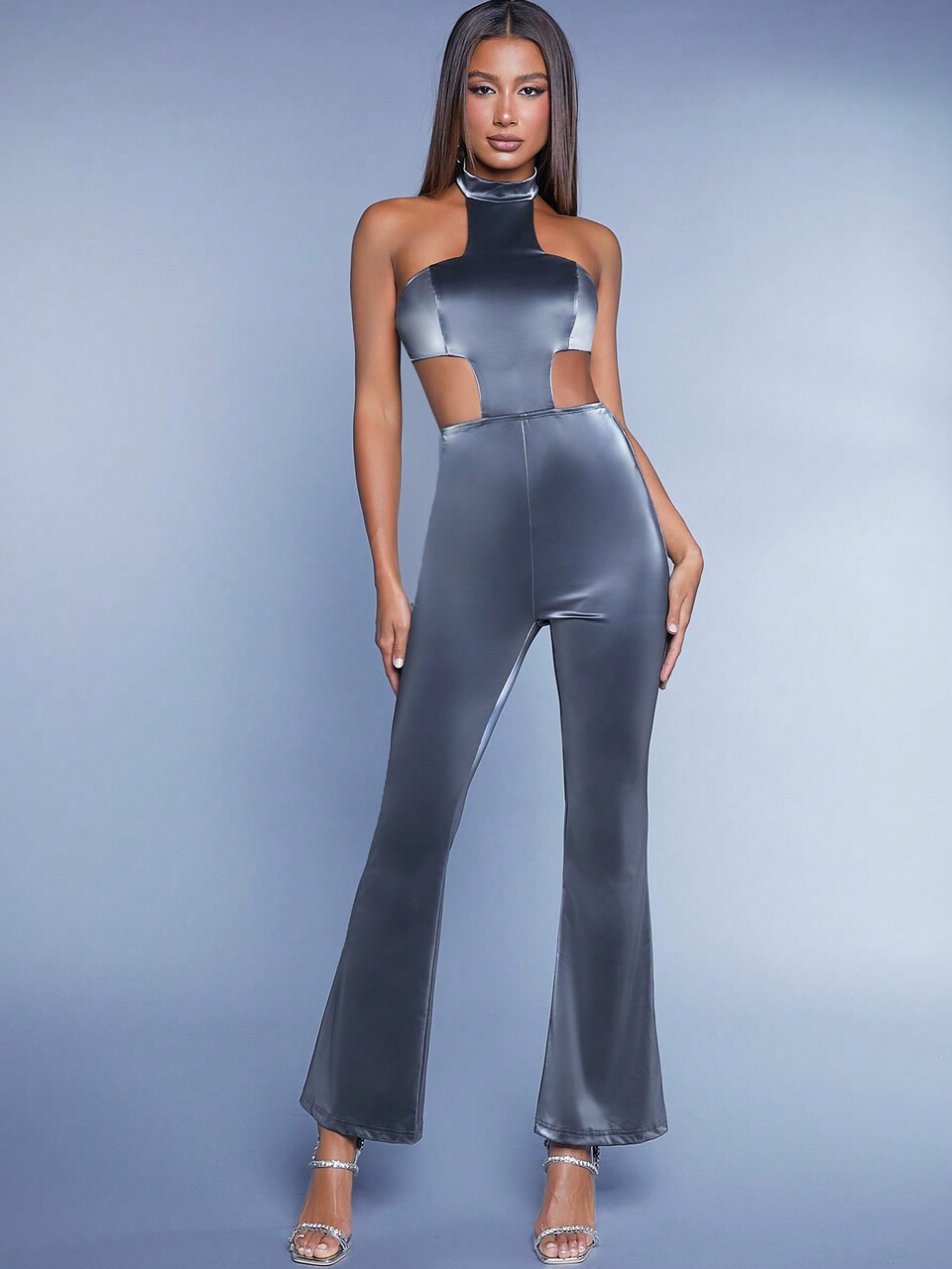 Cut Out Flare Leg Halter Jumpsuit