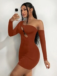 SHEIN SXY Asymmetrical Neck Cut Out Bodycon Dress - Rust Brown - View 4
