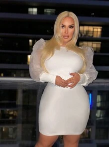 SHEIN SXY Plus Size Sexy Mesh Splice Long Sleeve Bodycon Dress - White - View 4