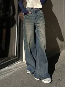 Dazy Star 女款斜口袋高腰寬腿牛仔褲 - 深色水洗藍 - 查看 1