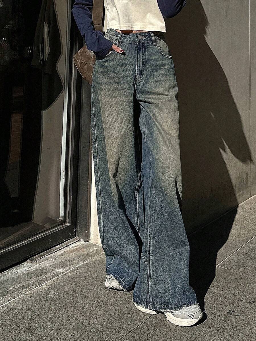 Dazy Star 女款斜口袋高腰寬腿牛仔褲 - 深色水洗藍 - 查看 1