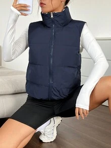 SHEIN EZwear 拉鏈開襟羽絨背心大衣 - 彩色 - 查看 6