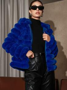 Anewsta Solid Zip Up Hooded Fuzzy Coat - Royal Blue - View 6