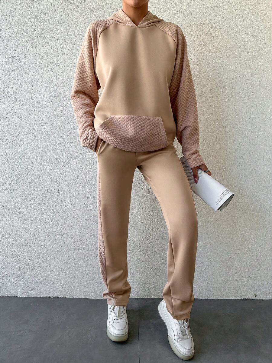 RueChic 2pcs Hooded Sweatshirt With Raglan Sleeve And Sweatpants Set - Apricot - View 1