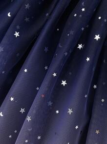 SHEIN Vestido De Estrellas Para Niña Joven Con Adornos De Malla Y Cinturón - Azul Marino - Ver 6