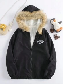 SHEIN Tween Boy Letter Embroidery Fuzzy Trim Hooded Thermal Lined Jacket - Black - View 1
