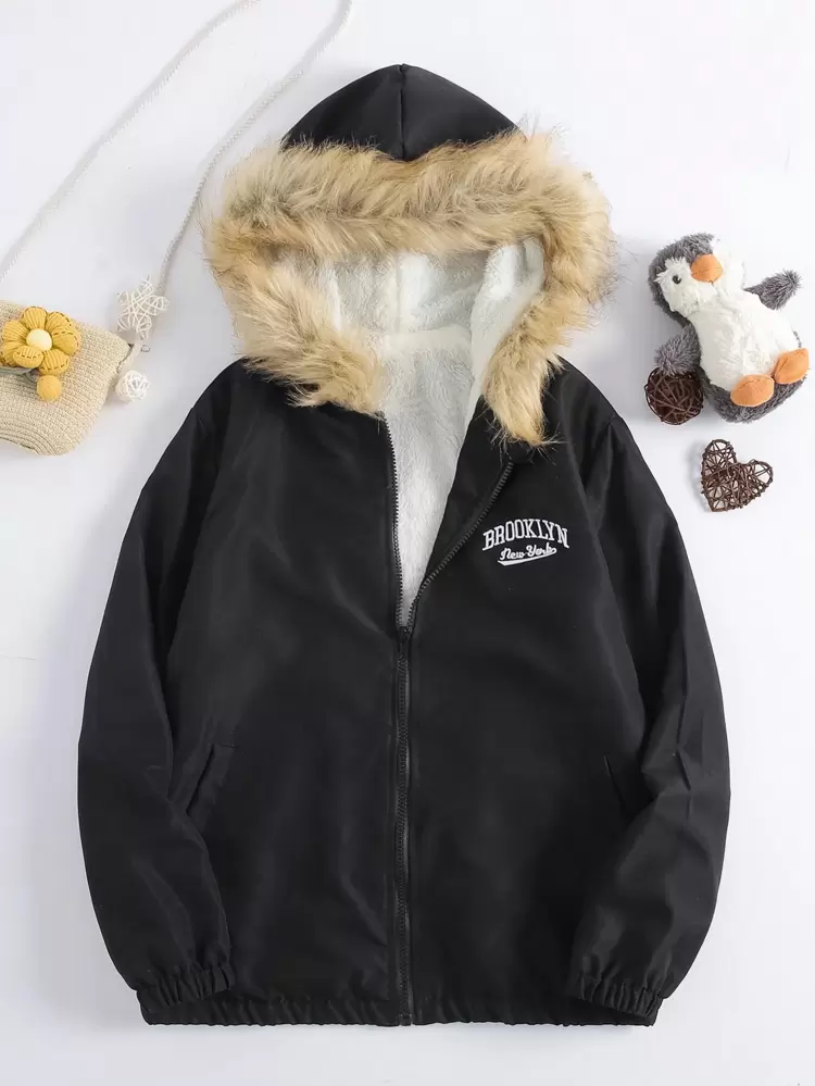 Tween Boy Letter Embroidery Fuzzy Trim Hooded Thermal Lined Jacket