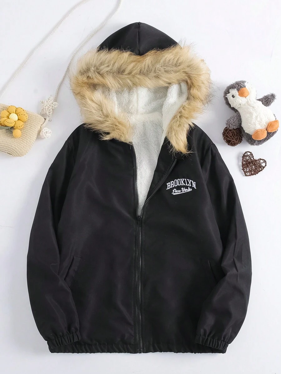 SHEIN Tween Boy Letter Embroidery Fuzzy Trim Hooded Thermal Lined Jacket - Black - View 1