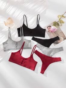 3sets Solid Rib Lingerie Set, Bra & Panty Set - Multicolor - View 3