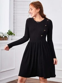 SHEIN Vestido De Jersey De Manga Larga Holgado Con Cuello Redondo Para Adolescentes - Negro - Ver 3