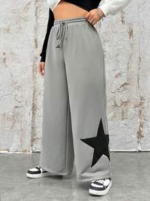 SHEIN EZwear Plus Star Print Drawstring Waist Sweatpants - Light Grey - View 5