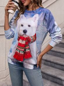 Dog Print Drop Shoulder Sweatshirt - Green - View 6