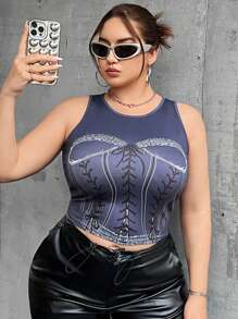 Flirla 大碼圖案印花短款背心 - 深灰色 - 查看 8