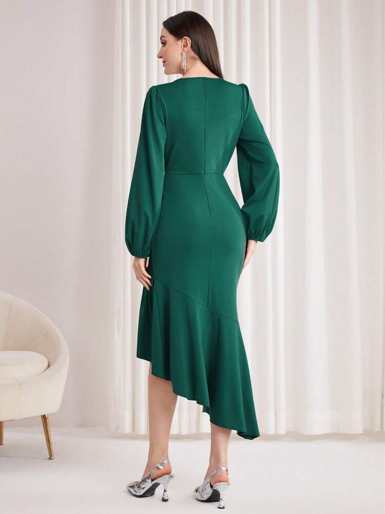 Women's Lantern Sleeve Drawstring Ruched Asymmetrical Fishtail Hem Dress