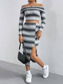 SHEIN Unity 一字肩短款T恤&高衩半身裙 - 灰色 - 查看 3