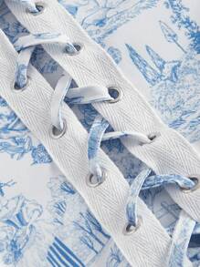 SHEIN MOD 人像圖案前繫帶荷葉邊洋裝