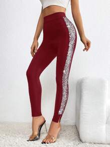 SHEIN Privé 亮片拼接側接縫下擺開叉緊身打底褲 - 紅色 - 查看 3