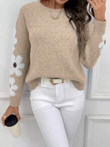 EMERY ROSE Floral Pattern Drop Shoulder Sweater,Long Sleeve Tops Knit Pullover Fall Winter Sweater - Khaki - View 5