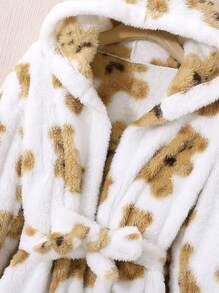 SHEIN Tween Girl Bear Print 3D Ears Design Hooded Flannel Belted Robe for Family Matching - Beige - View 4