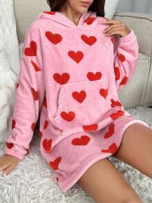 愛心圖案落肩袖連帽法蘭絨睡裙 - 藕粉色 - 查看 5