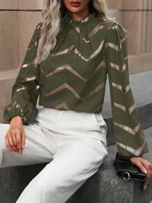 SHEIN Clasi 鋸齒形印花燈籠袖褶邊領襯衫 - 軍綠色 - 查看 3