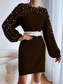 SHEIN LUNE Ngọc trai đính cườm Tay áo lồng đèn Đầm Áo len Không có thắt lưng - Cà phê nâu - Xem 6