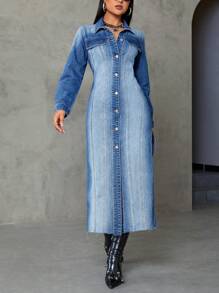 SHEIN Privé Vestido mezclilla de muslo con abertura bajo crudo - Azul lavado medio - Ver 3