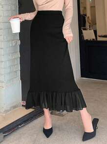 Dazy Star Solid Ruffle Hem Sweater Skirt,Fall Clothes - Black - View 1