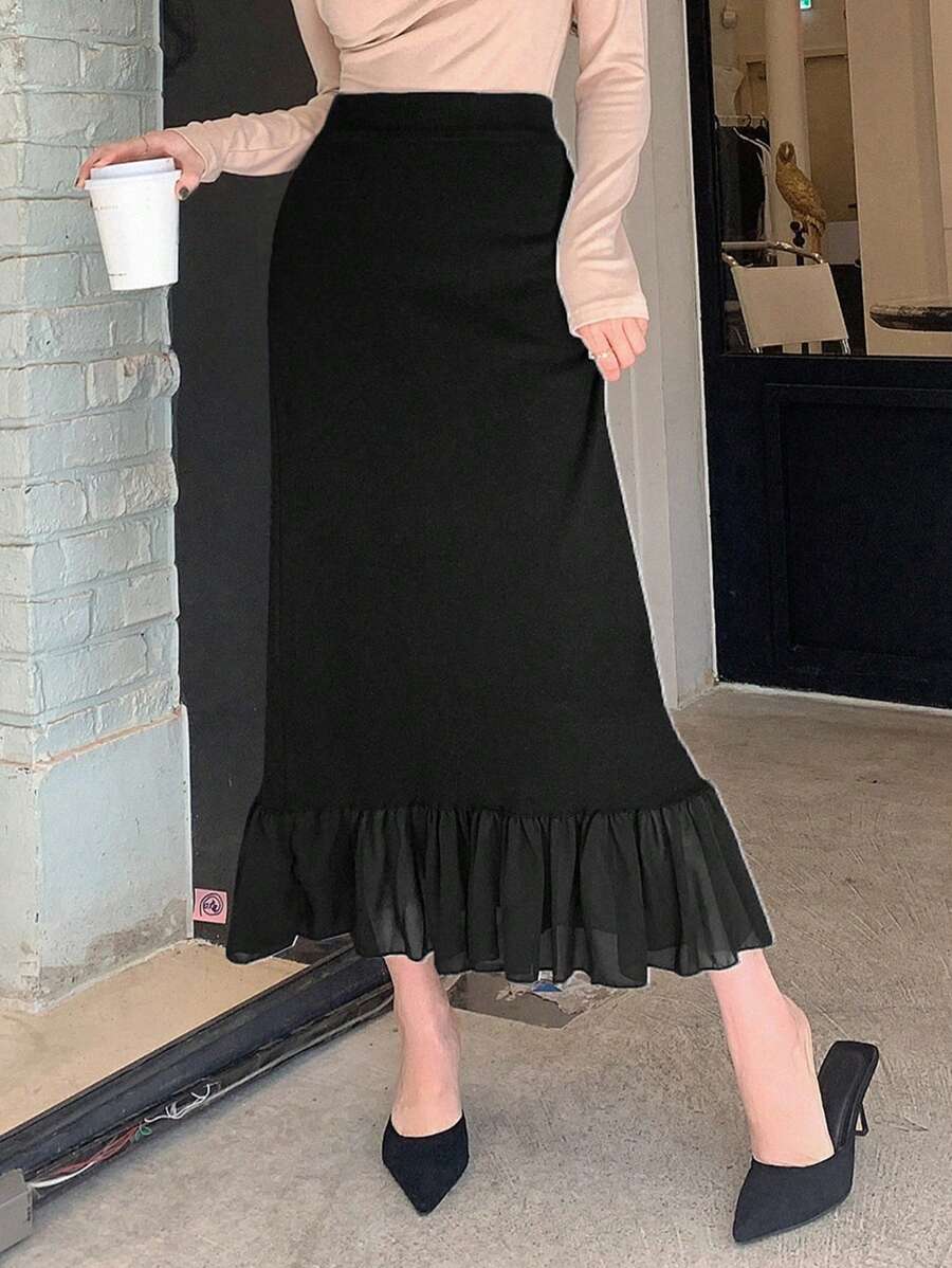 Dazy Star Solid Ruffle Hem Sweater Skirt,Fall Clothes - Black - View 1