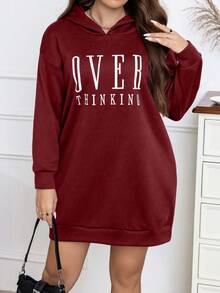 Calvaya 大码字母图案落肩卫衣连衣裙 - 酒紅色 - 查看 3