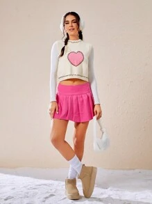 SHEIN EZwear 女款無袖毛衣背心,心型刺繡與褶邊領口細節