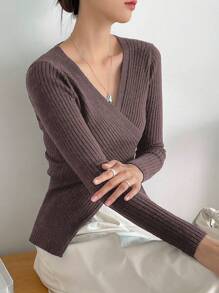 DAZY 素色交叉圍裹條紋針織套頭毛衣 - 咖啡棕 - 查看 5