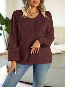 Calvaya 大碼網眼針織燈籠袖套頭毛衣 - 鏽棕色 - 查看 4