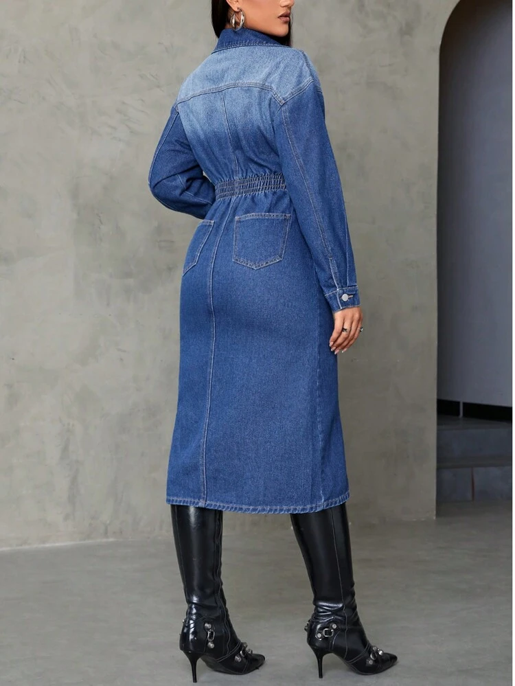 Drop Shoulder Split Thigh Denim Dress Fall Cloth For Women