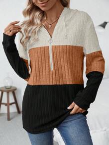 SHEIN LUNE Khối màu Một nửa khóa kéo Dây rút Hoodie - Nhiều màu - Xem 4